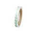 A roll of white BOPP packaging tape featuring a green logo pattern.