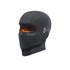 A black balaclava cycling face mask with a flame design inside the eye openings and a logo on the side.