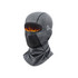 A grey balaclava cycling face mask featuring a mesh eye area and a flame graphic design. It includes a branding logo.