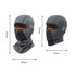 A balaclava cycling face mask in grey, featuring a flame design on the eye area and dimensions provided.