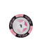 A pink and black poker chip featuring a star design and the number one, with decorative elements around the edge.