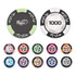 Wheat stalk clay poker chips in various colours, featuring denominations from 20 to 2000, and a branded logo on some.