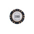 A round poker chip featuring black and gold design elements with a central white circle and a logo.
