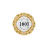 A round clay poker chip in gold and white, featuring a central denomination of 1000 and branding elements.