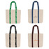 A set of four personalised canvas tote bags with various coloured handles: green, navy, black, and burgundy. Each features a logo.