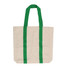 A natural canvas tote bag with green straps and a logo on the front.