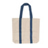 A cream canvas tote bag with navy blue handles and a branding logo.