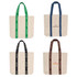 A collection of four custom woven handle tote bags in beige with blue, green, brown, and dark brown straps, featuring logos.