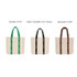 Three custom woven handle tote bags in cream, featuring green, black, and brown handles, each with a different strap design.
