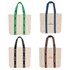 A collection of four custom woven handle tote bags in beige with coloured straps: green, navy, black, and brown. Each has branding. 