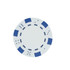 A circular poker chip in white with blue accents and markings, featuring a logo in the centre.