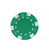 A green poker chip with white accents and patterns, featuring circular and square designs.