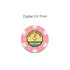 A pink poker chip featuring a yellow centre with a golf flag graphic and a logo. It has a decorative edge design.