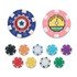 A set of ABS poker chips in various colours, featuring different designs and a logo on one chip.