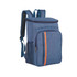 A large capacity cooler backpack in denim blue with an orange stripe and mesh side pockets. It features adjustable straps.