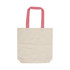 A cream canvas tote bag with pink handles, featuring a logo on one side.
