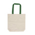 A beige canvas tote bag with green handles, featuring a logo on one side.