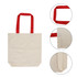 A canvas tote bag in natural beige with vibrant red handles, featuring a simple design and a logo.