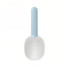 A pet food scoop in white with a light blue handle, featuring a simple, functional design and a logo.