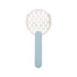 A cat litter scoop with a white head and a light blue handle, featuring a slotted design for easy scooping.