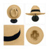 A straw hat in a light tan colour with a black band, displayed from multiple angles on a stand.
