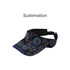 A full sublimation visor featuring a vibrant design with blue, orange, and black patterns. Includes an adjustable strap.