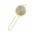A gold-coloured bar mesh strainer with a round, fine mesh and two elongated handles.