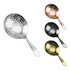 A cocktail strainer featuring four variations in silver, copper, black, and gold finishes, with a perforated design and a handle.