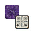 A square coaster set featuring vibrant purple and cream designs with lizards and birds, showcasing Indigenous art styles.