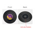 A black vinyl record coaster featuring a purple label on one side and anti-slip rubber on the reverse side.