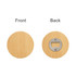 A round bamboo coaster features a bottle opener on one side and a smooth bamboo surface on the other.