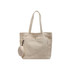 A casual beige canvas bag featuring two handles and a small round accessory pouch attached.