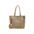 A beige canvas tote bag with two handles, featuring front pockets and a detachable round pouch.