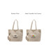 A beige canvas bag with two different designs, featuring a logo on each side. It has two handles and a detachable pouch.
