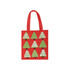 A red knitted flat tote bag featuring green tree designs in various patterns. It has two handles and a logo.
