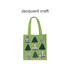 A green knitted tote bag featuring various patterned trees in shades of green and white, with a red accent.
