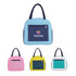 A colourful insulated lunch bag in blue, pink, yellow, and white, featuring a front pocket and a logo.