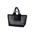 A black mesh tote bag with two handles and an open design. Features a small pocket and a logo.