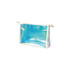 A holographic travel cosmetic bag with a white zipper, featuring a clear, reflective surface.