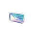 A holographic cosmetic bag with a zip closure, featuring a shimmering iridescent finish in shades of pink and blue.
