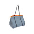 A large grey neoprene beach tote bag with orange trim and black and white striped handles, featuring mesh sides.