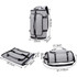 A grey convertible bucket backpack duffel bag, featuring adjustable straps and various dimensions for storage versatility.