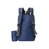A navy blue packable travel backpack with grey straps and a compact pouch attached. Features a logo.