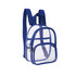 A clear mini backpack with a blue trim and straps, featuring a main compartment and a zippered front pocket.