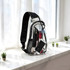 A large clear bag with a black shoulder strap, featuring a phone, drink bottle, and multiple compartments.