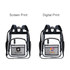 A transparent backpack with black straps and two front pockets, featuring different print designs.