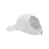 A white ponytail cap with an open back and adjustable strap, designed for easy hair placement.