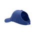 A blue Ponytail Top Hat with an open back design, featuring a curved brim and a logo on the side.