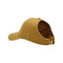 A brown ponytail top hat with an open back design, featuring a logo on the side.