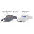 A washed sun visor in grey with heat transfer design and a white visor featuring embroidery. Both visors have logos.